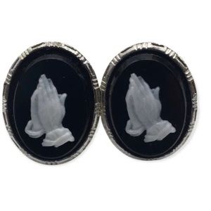 Vintage Cuff Links Cameo Praying Hands Warner USA 1" White Black Silver